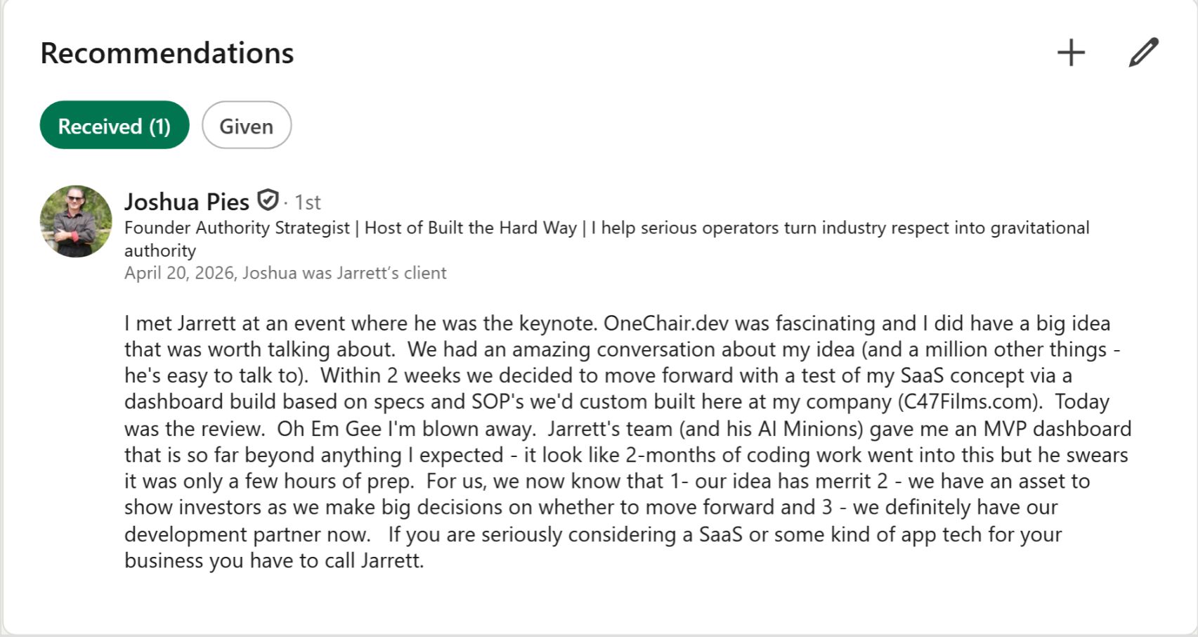Joshua Pies' LinkedIn recommendation for OneChair