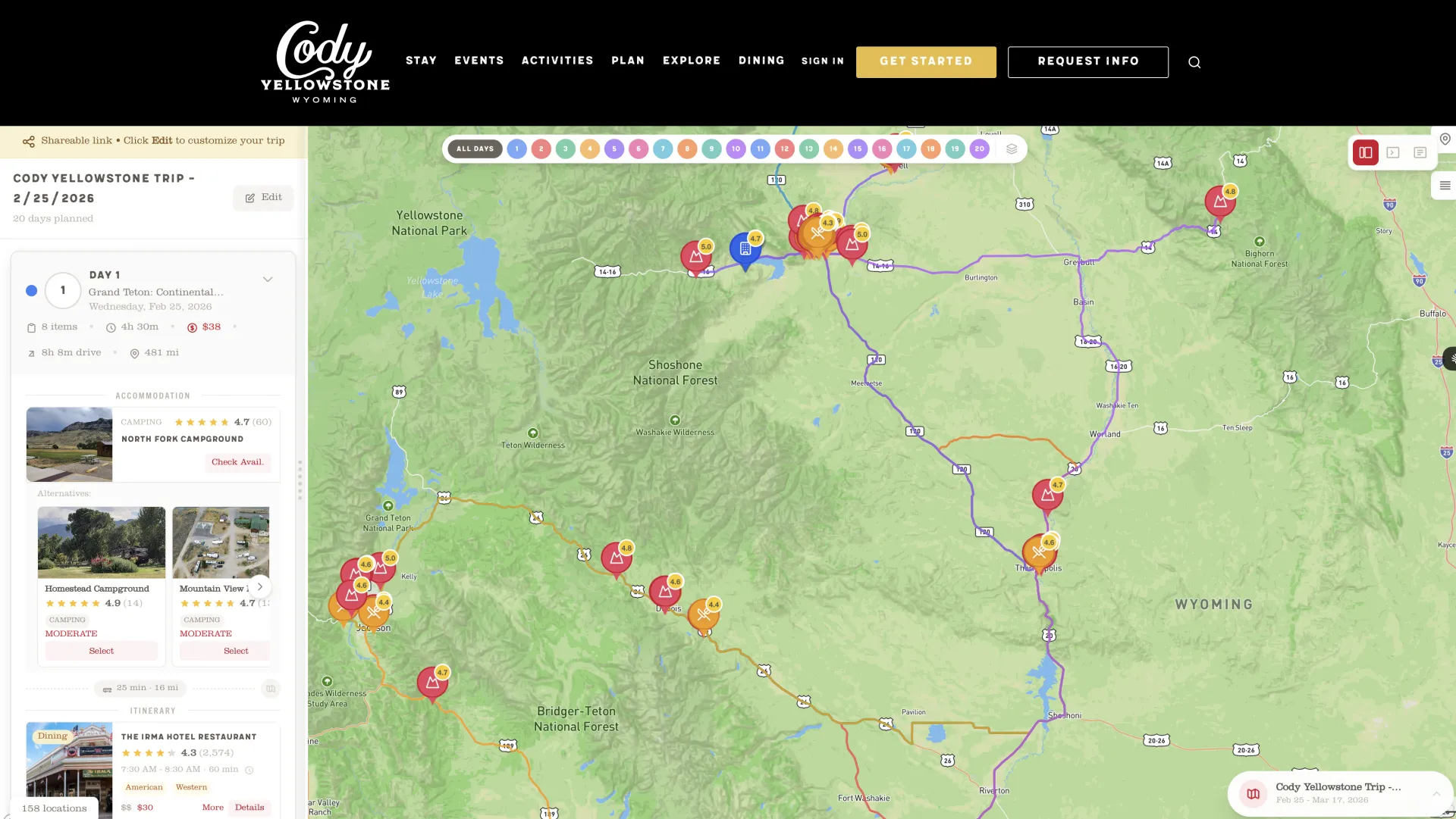 Cody Yellowstone AI-generated itinerary with interactive map view