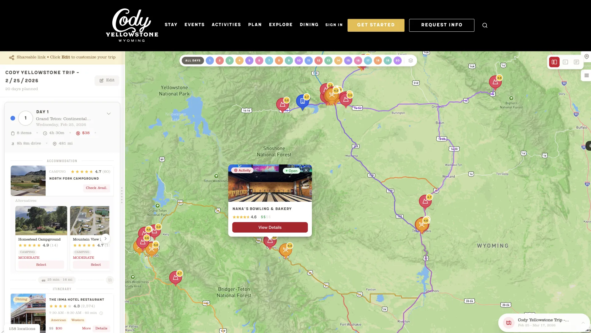 Cody Yellowstone map location popup with point of interest details