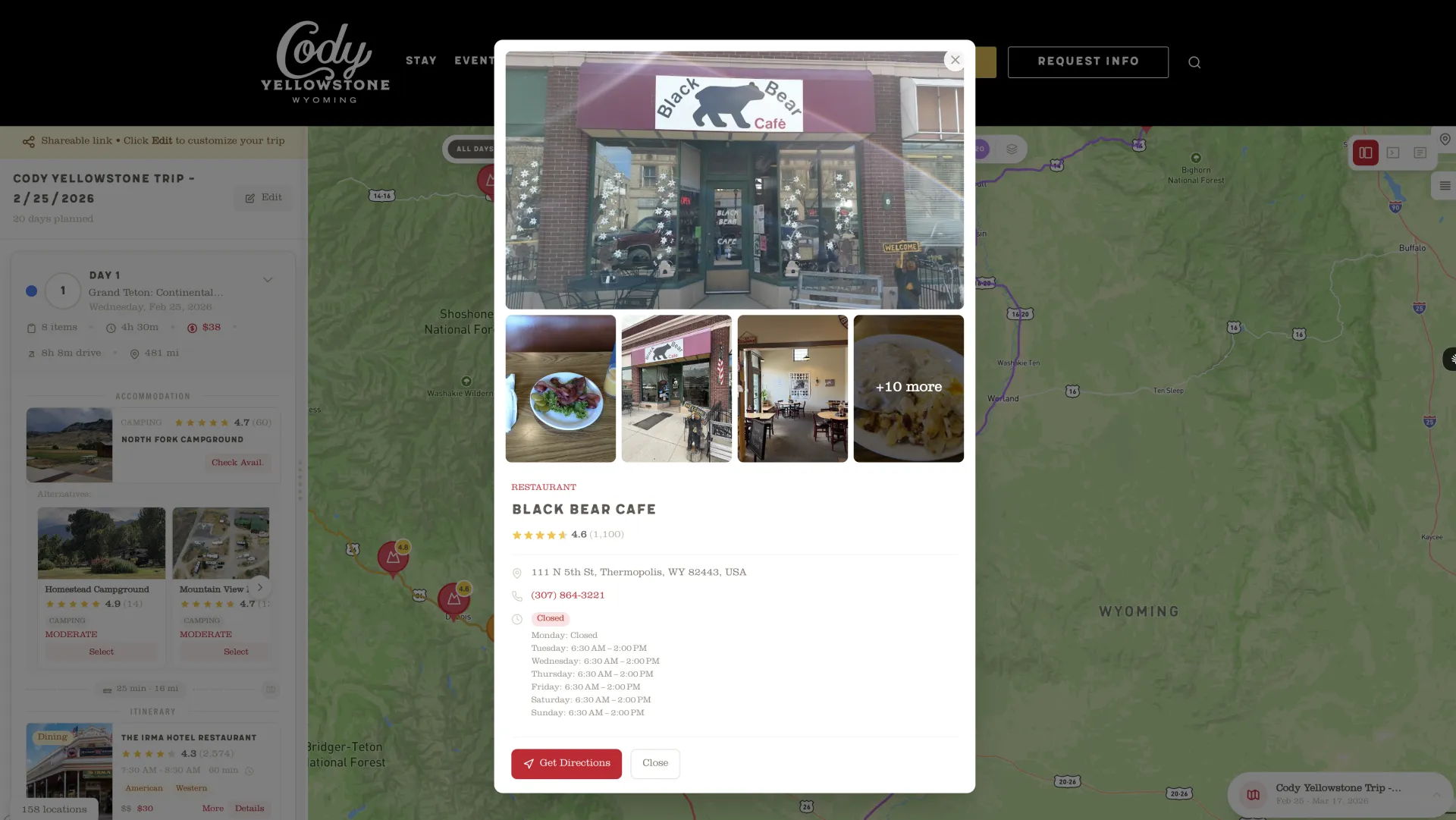 Cody Yellowstone place detail page with visitor information