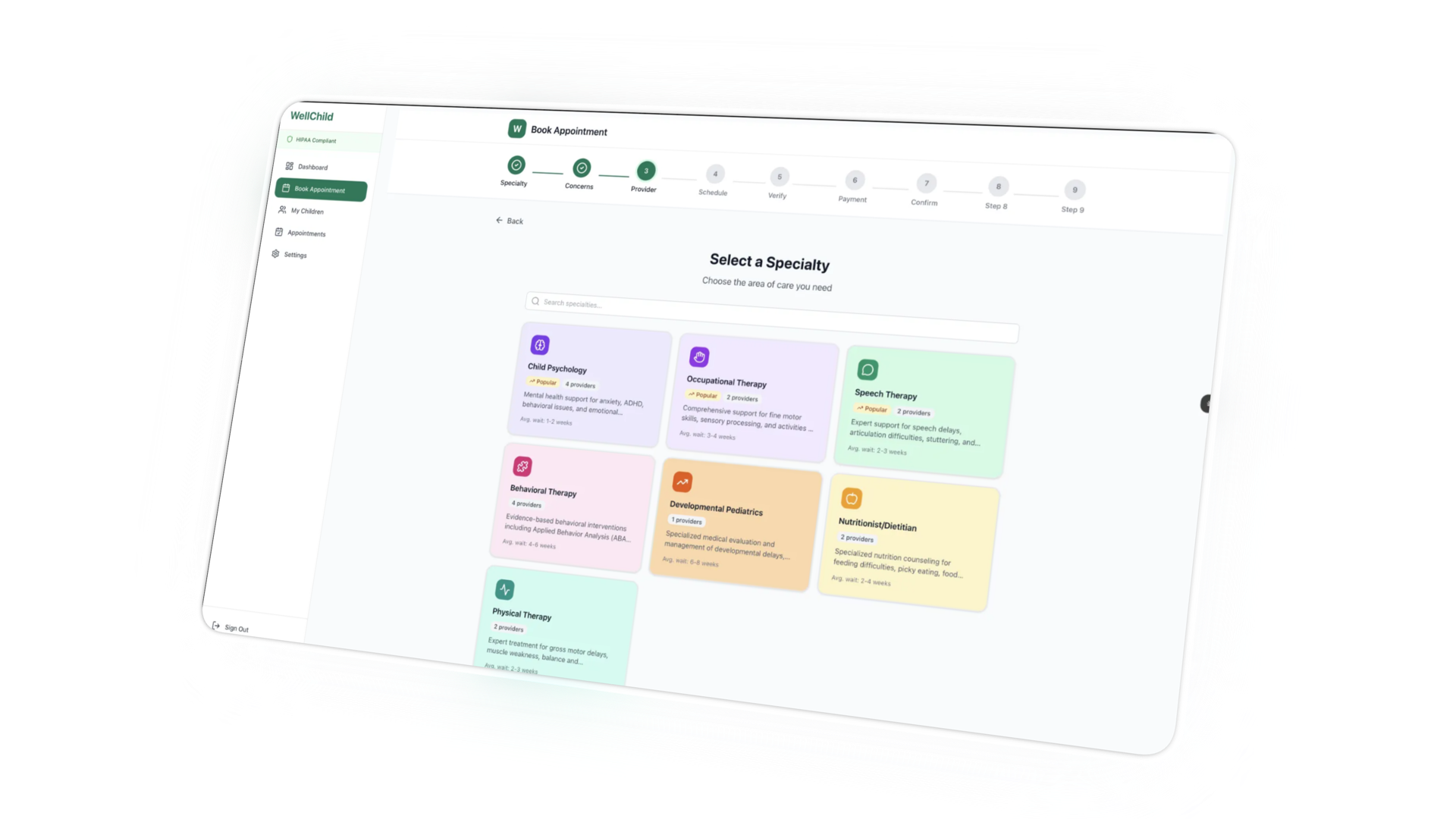 WellChild pediatric care platform — the Book Appointment specialty selection screen, generated by OneSpark