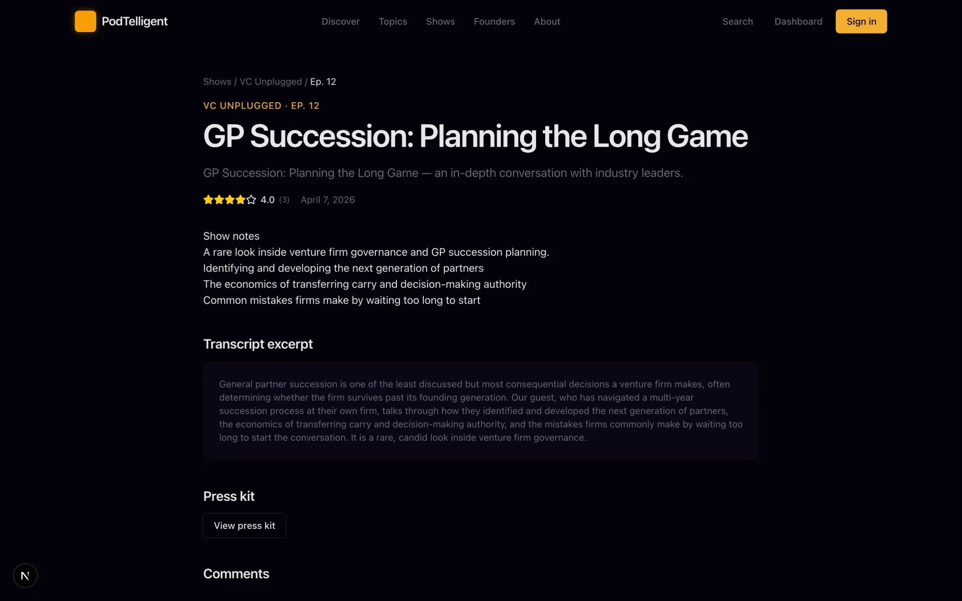PodTelligent episode detail — show notes, rating, and transcript excerpt