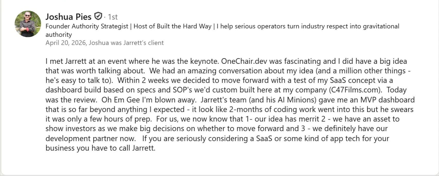 Joshua Pies' LinkedIn recommendation for OneChair