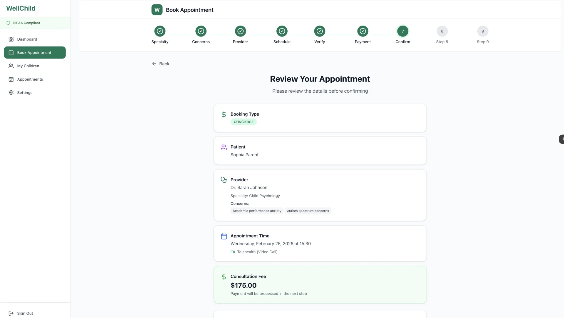 WellChild Booking Confirmation
