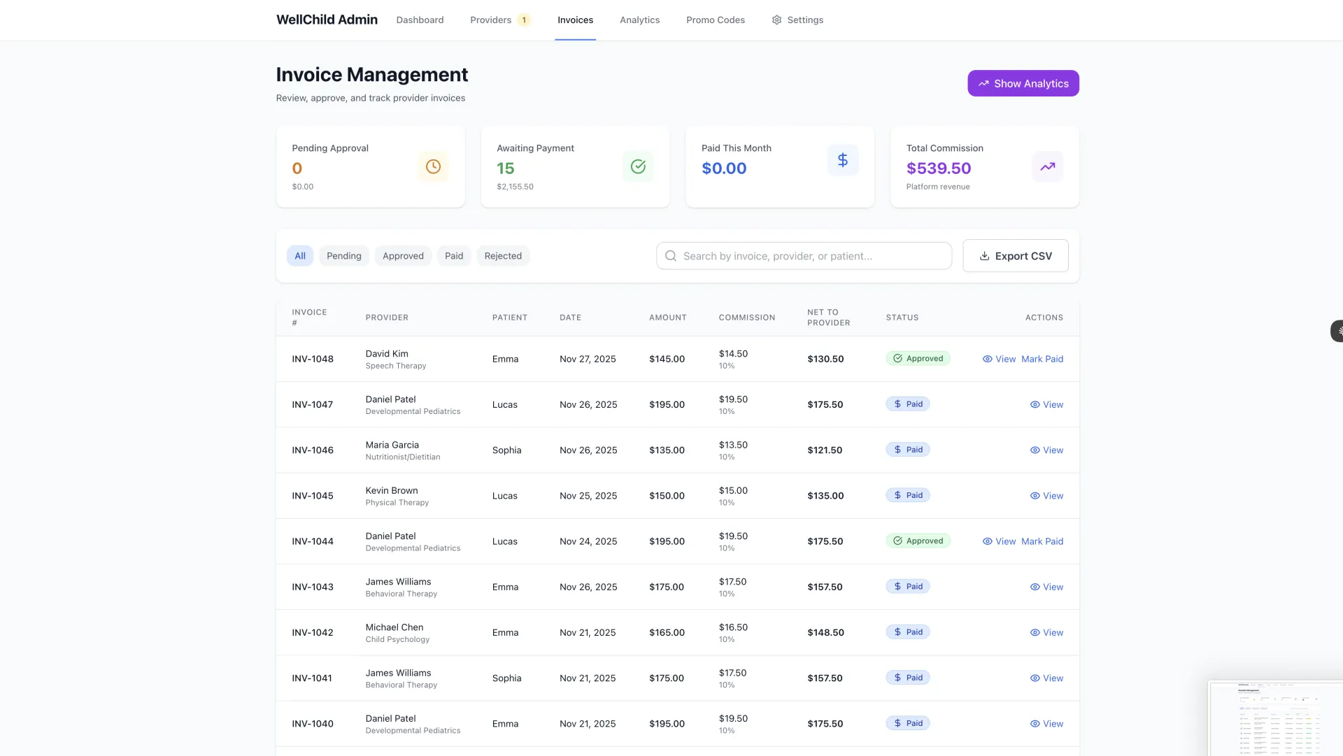 WellChild Admin Invoices
